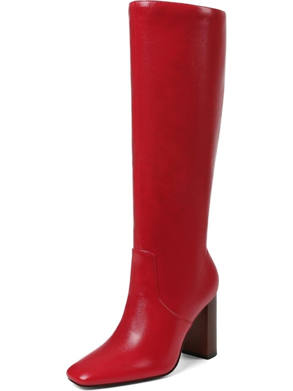Women's Red Knee High Boots Square Toe Faux Leather Boot Long Tall Boots